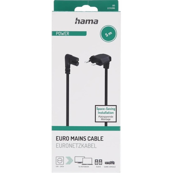 Hama Strømkabel vinklet Euro Plug Sort 5.0m