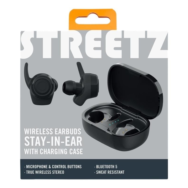 STREETZ Wireless stay-in-ear earbuds with charging case, sweat r Svart