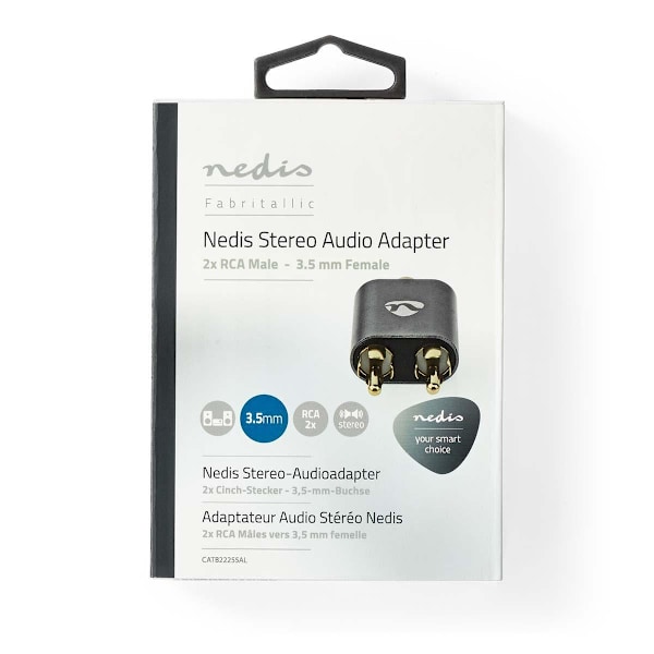 Nedis Stereo Audio Adapter | 2x RCA Hane | 3.5 mm Hona | Guldplaterad | Rak | Aluminium | Grått Med Metall | 1 st. | Kartong med täckt fönster