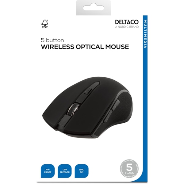 DELTACO wireless optical mouse, 5 buttons + scroll, 1600 DPI, USB, bla