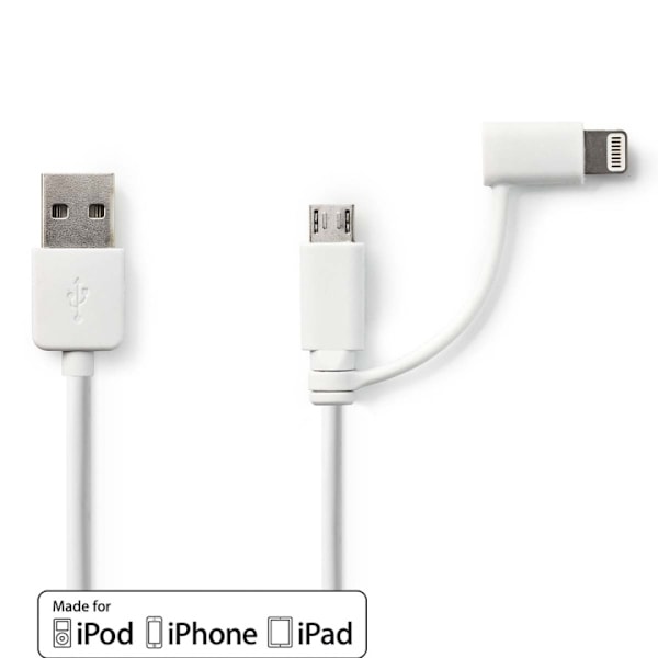Nedis 2 i 1 kabel | USB 2.0 | USB-A Han | Apple Lightning 8-pin / USB Micro-B han | 480 Mbps | 1.00 m | Nikkelplateret | Runde | PVC | Hvid | Plastikp