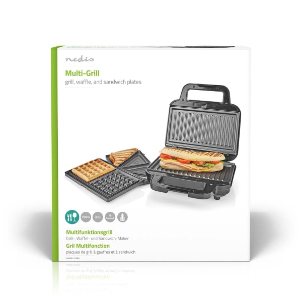 Nedis Multi Grill | Grill / Sandwich / Waffle | 700 W | 22 x 12.5 cm | Automatisk temperaturregulering | Plastik / Rustfri Stål