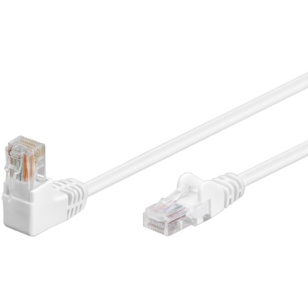 Goobay Patchkabel CAT 5e, 1x 90° vinklad, U/UTP, vit, 15 m kopparklädd aluminiumtråd (CCA), 1x RJ45-plugg 90 ° (8P8C)