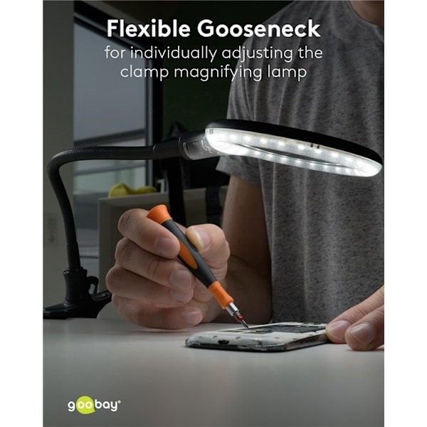 Goobay LED-förstoringslampa med klämma, 6 W, svart 480 lm, 100 mm glaslins, 1,75x förstoring, 3 dioptrier