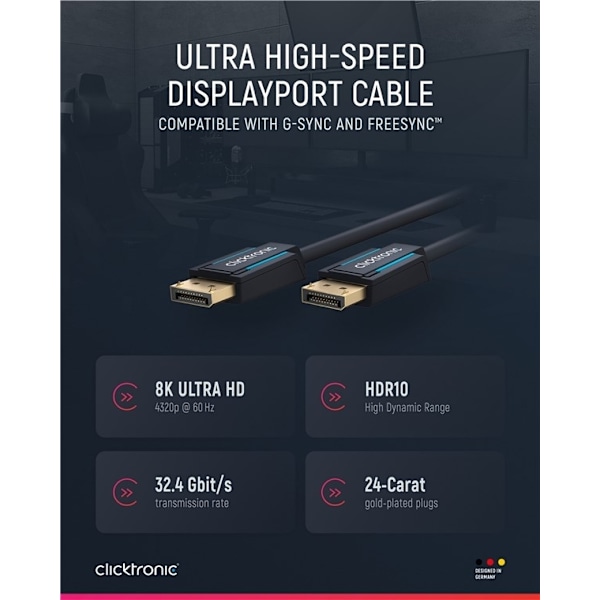 ClickTronic DisplayPort™-kabel Premiumkabel | 1x DisplayPort™-kontakt  1x DisplayPort™-kontakt | 2,0 m | UHD 8K @ 60 Hz