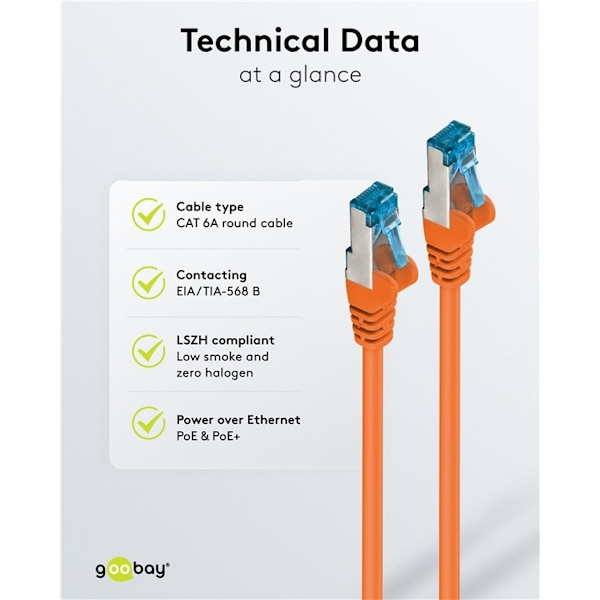 Goobay Patchkabel CAT 6A, S/FTP (PiMF), orange, 2 m opparledare (CU), halogenfri kabelhölje (LSZH)