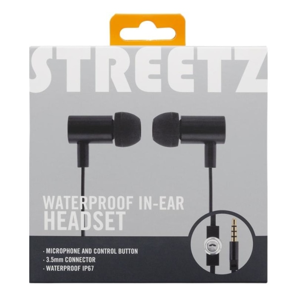 STREETZ in-ear headset, mikrofon, svarsknapp, 3,5mm, vattentäta, Svart