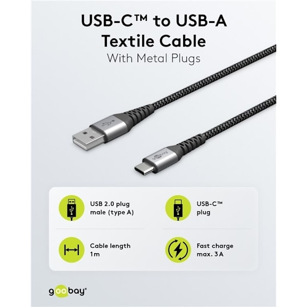Goobay USB-C™ till USB-A textilkabel med metallkontakter 1 m elegant och extra robust anslutningskabel för enheter med USB-C™-port