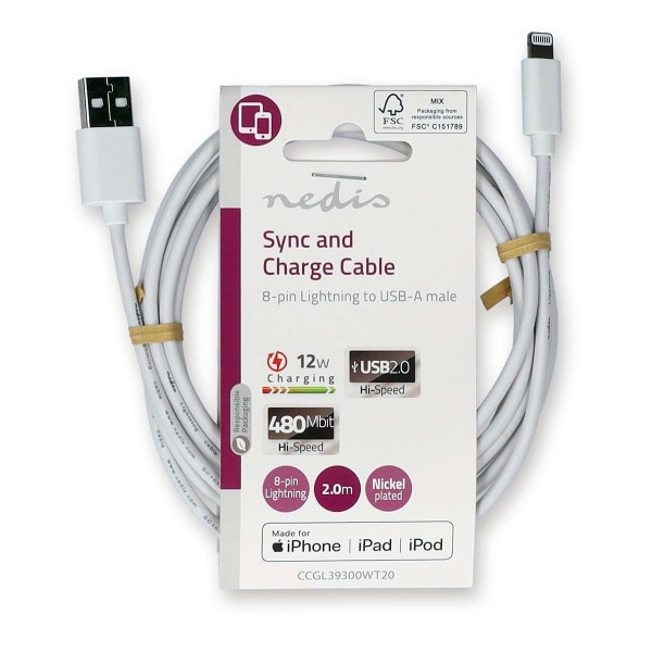 Nedis Lightning Kabel | USB 2.0 | Apple Lightning 8-pin | USB-A Han | 480 Mbps | Nikkelplateret | 2.00 m | Runde | PVC | Hvid | Label