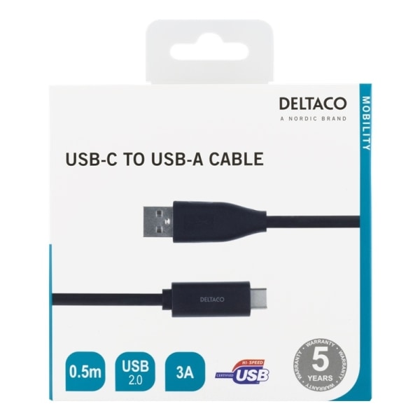 DELTACO USB-C till USB-A kabel, 0,5m, 3A, USB 2.0, svart