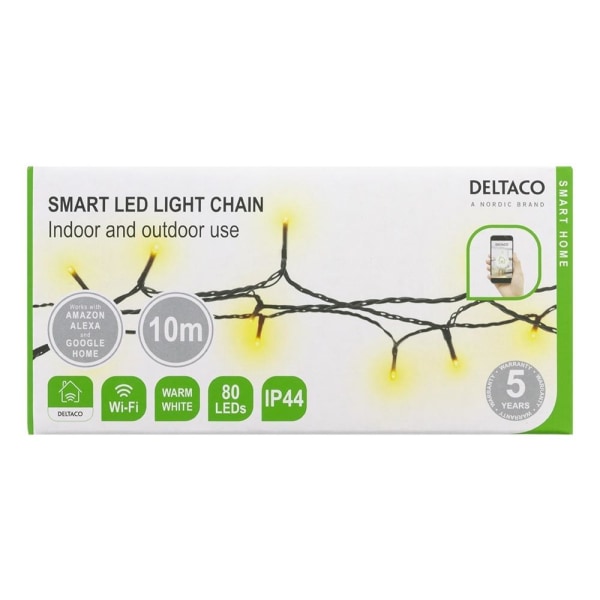 Deltaco Smart Home WiFi light chain, 10m, 80 led, adapter,IP44,W