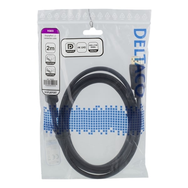 DELTACO DisplayPort-kabel, 2m, 4K UHD, DP 1.2, svart