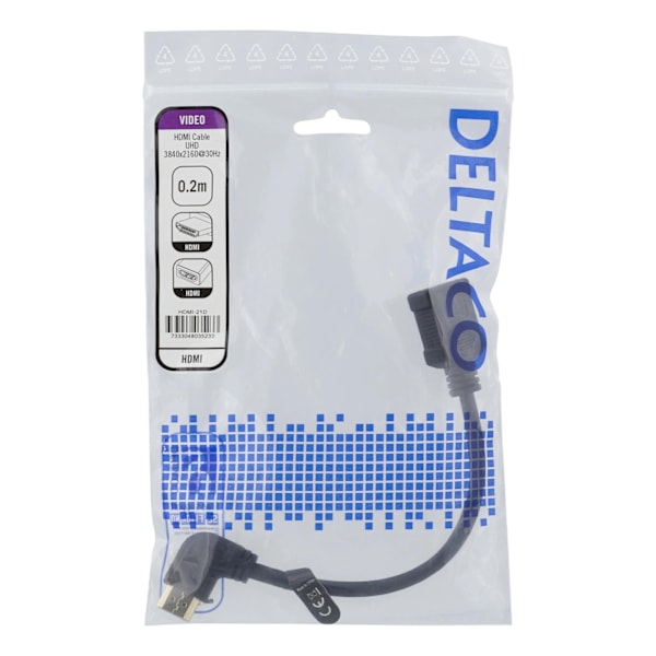 DELTACO HDMI-sovitin, 0,2m, taipuisa, lovitettu oikealta, UHD, musta