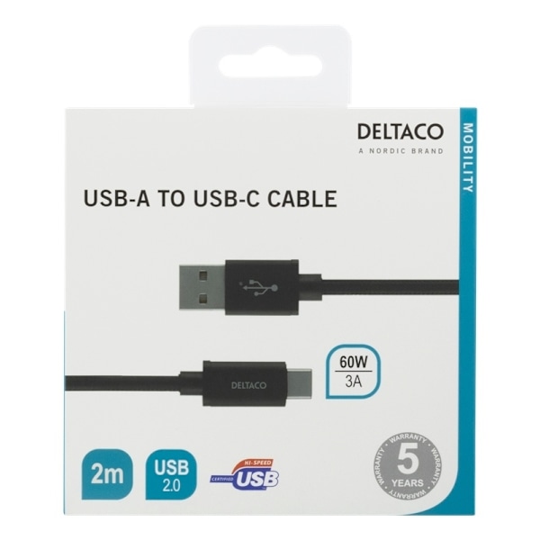 DELTACO USB-A - USB-C-kaapeli, 2m, USB 2.0, punottu, musta