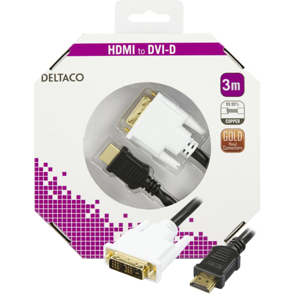 DELTACO HDMI til DVI kabel, 19-pin-DVI- D Single Link, 3m, sort/hvid