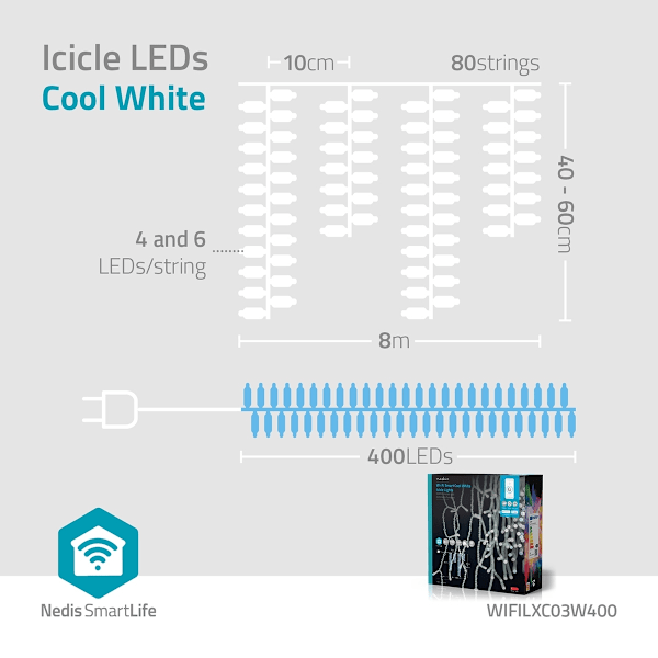 Nedis SmartLife Jouluvalot | Jääpuikko | Wi-Fi | Kylmä Valkoinen | 400 LED's | 8.00 m | Android™ / IOS