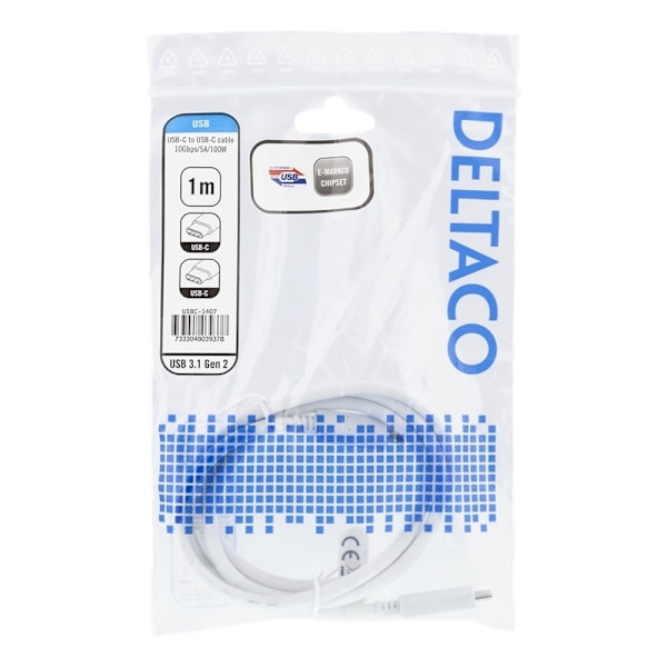 DELTACO USB-C-kaapeli, 1m, 10Gbps, 100W, 5A, USB 3.1 Gen 2, valk.