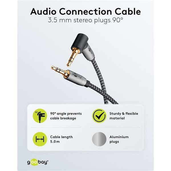 Goobay Ljudanslutningskabel AUX, 3,5 mm stereo, 90°, 5 m, Sharkskin Grey Pawl 3,5 mm plugg (3-stift, Stereo) > Pawl 3,5 mm plugg (3-stift, stereo) 90