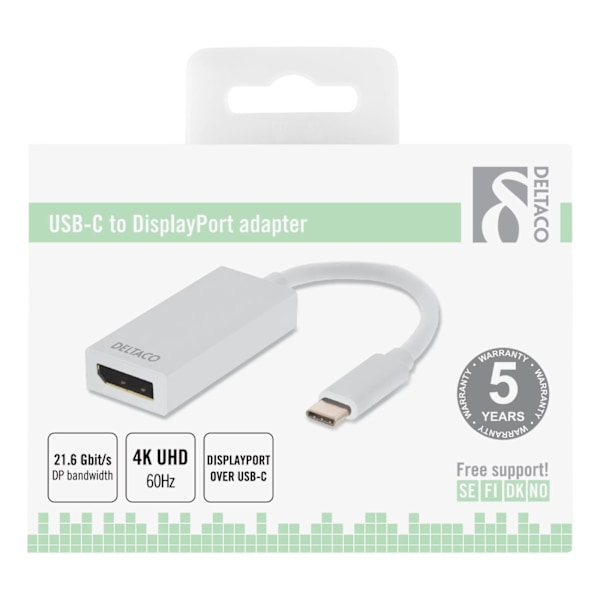 DELTACO sovitin USB 3.1 - DP, Type C uros - DP naaras, 4K, UHD, valk.