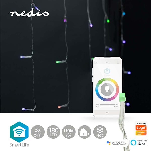 Nedis SmartLife Jouluvalot | Verho | Wi-Fi | RGB | 180 LED's | 3 m | Android™ / IOS