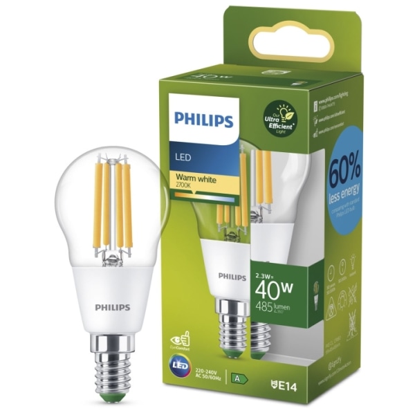 Philips LED E14 P45 Klot 2,3W (40W) Klar 485lm 2700K Energiklass