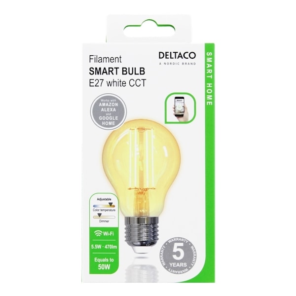 DELTACO SMART HOME FILAMENT LED-lampa, E27, WiFI, 5.5W, 1800K-6500K