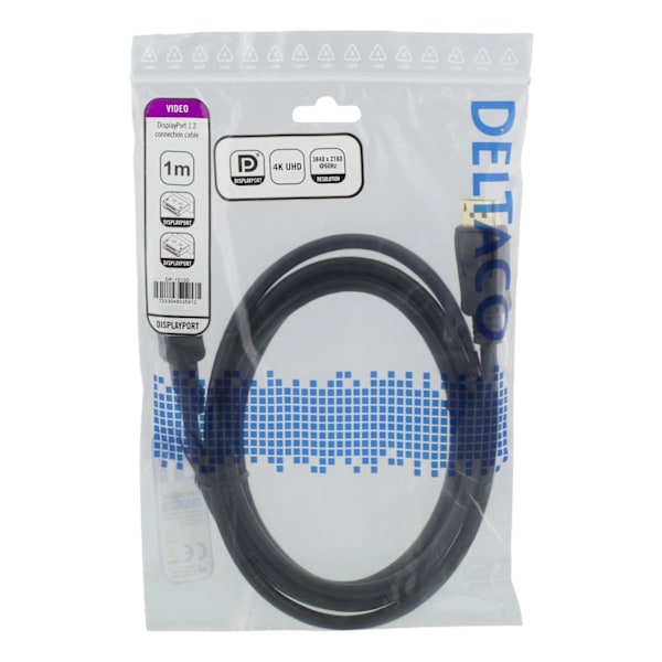 DELTACO DisplayPort cable, 1m, 4K UHD, DP 1.2, black