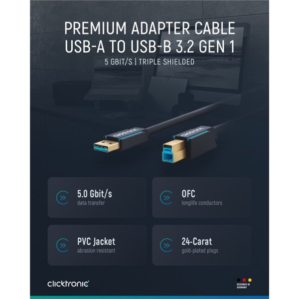 ClickTronic Adapterkabel från USB-A till USB-B 3.0 Premiumkabel