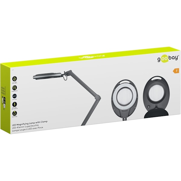 Goobay LED-förstoringslampa med klämma, 8 W, svart 650 lm, 127 mm kristallglaslins, 1,75x förstoring, 3 dioptrier