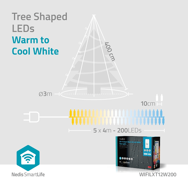 Nedis SmartLife Jouluvalot | Puu | Wi-Fi | Lämpimästä kylmään valkoiseen | 200 LED's | 20.0 m | 5 x 4 m | Android™ / IOS