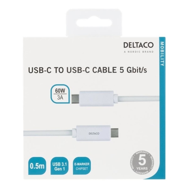 DELTACO USB-C-kaapeli, 0,5m, USB 3.1 Gen 1, valkoinen