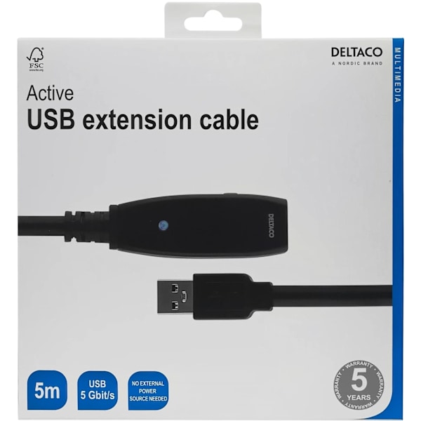 DELTACO aktiivinen USB 3.0-jatkokaapeli, Tyyppi A ur - na, 5m, sininen
