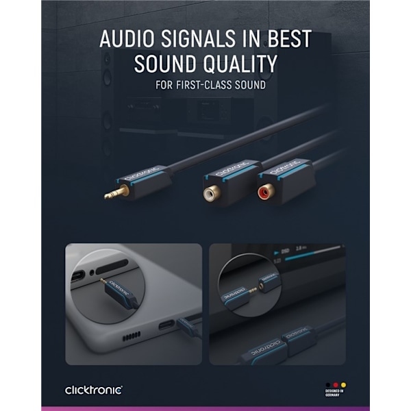 ClickTronic 3,5 mm AUX till RCA-adapterkabel, stereo Premiumkabel | 2x cinchjack  1x 3,5 mm jackplugg | 0,1 m | OFC innerledare