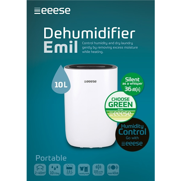 Emil - tyst avfuktare 40dB, 40m2, timer, 2 hastigheter, torkläge