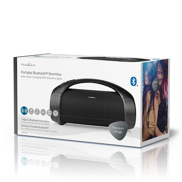 Nedis Bluetooth® Party Boombox | 6 timmar | 2.0 | 50 W | Uppspelning av media: AUX / USB | IPX5 | Synkroniseringsbar | Bärhandtag | Festljus | Svart