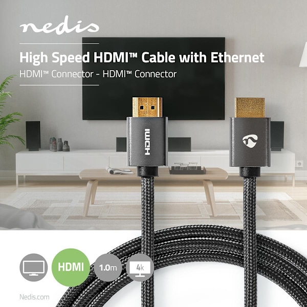 Nedis High Speed ​​HDMI ™ Kaapeli Ethernet | HDMI™ liitin | HDMI™ liitin | 4K@60Hz | ARC | 18 Gbps | 1.00 m | Pyöreä | Puuvilla | Gun Metal Harmaa / H