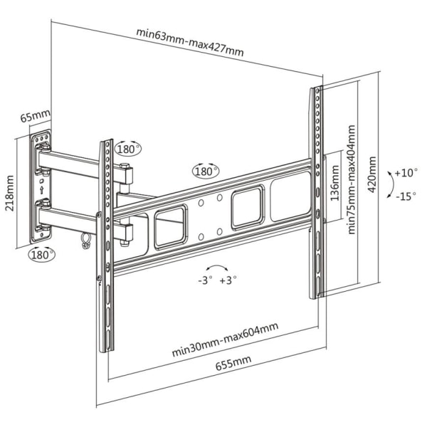 DELTACO näytön seinäteline, 37"-70", 35kg, 200x200-600x400