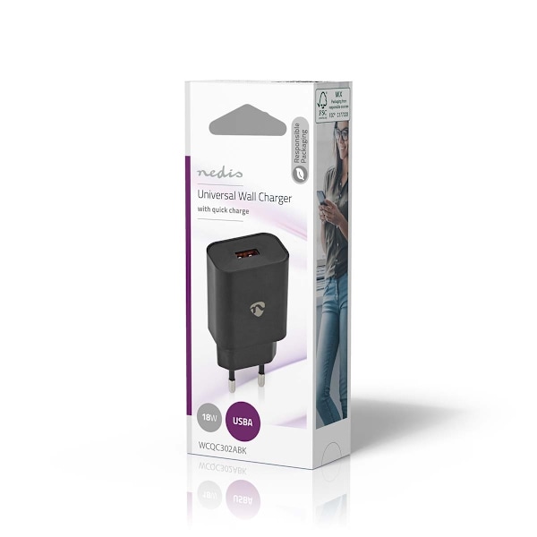 Nedis Väggladdare | 18 W | Snabbladdnings funktion | 1.5 / 2.0 / 3.0 A | Antal utgångar: 1 | USB-A | Utan kabel | Automatiskt val av Spänning | Svart