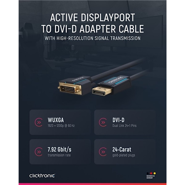 ClickTronic Adapterkabel för aktiv DisplayPort™ till DVI-D Premiumkabel | 1x DisplayPort™-kontakt >> 1x DVI-D-kontakt | 2,0 m | WUXGA @ 60 Hz