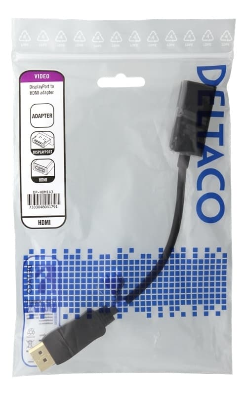 DELTACO DisplayPort til HDMI-adapter, 4K 60Hz, 0.2 m, Sort