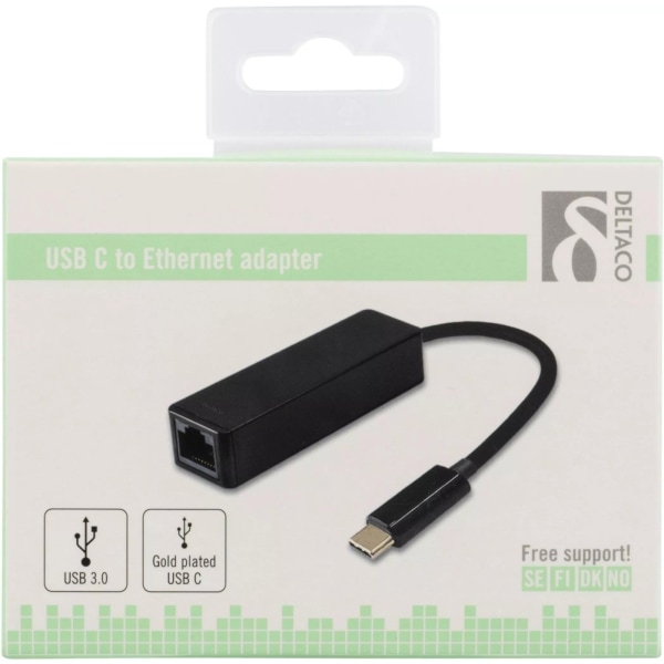 DELTACO, USB 3.1 netværksadapter, 1xRJ45, 1xUSB-C han, sort