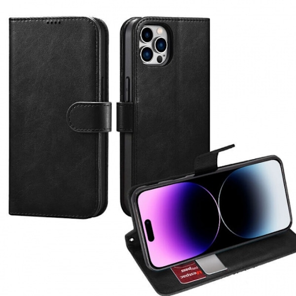 Wallet case in imitation leather with card slot for iPhone 15, Black Svart