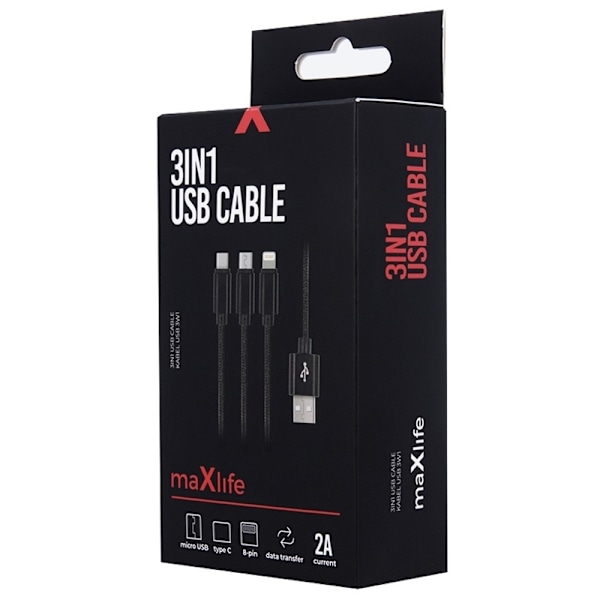 3i1 USB-kabel för snabbladdning - microUSB/USB-C/Lightning (2.1A), Svart