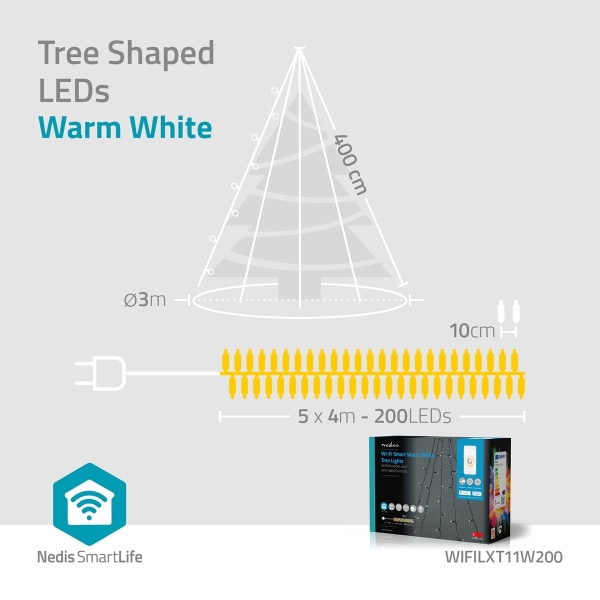 Nedis SmartLife jluelys | Træ | Wi-Fi | Varm Hvid | 200 LED's | 20.0 m | 5 x 4 m | Androidâ„¢ / IOS