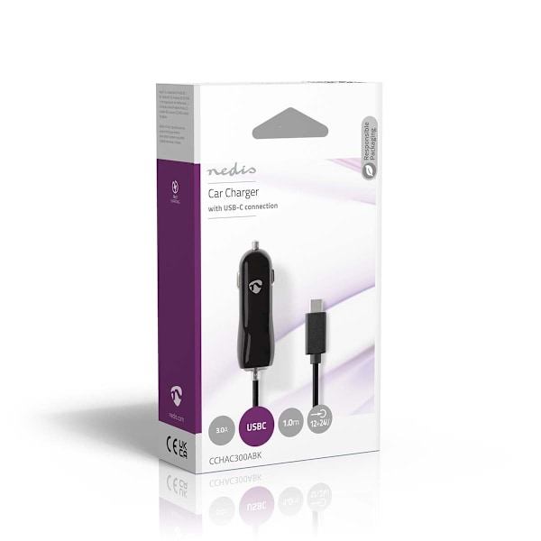 Nedis Biloplader | 18 W | 1x 3.0 A | Antal output: 1 | USB-C™ (Fixed) kabel | 1.00 m | Single Voltage Output
