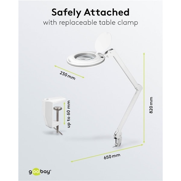 Goobay LED-luplampe med klemme, 9 W, hvid 80-730 lm, dæmpbar, 127 mm krystalglaslinse, 1,75x forstørrelse, 3 dioptrier