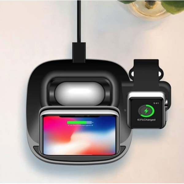 3-i-1 Qi-Laddningsställ för Airpods, smartphone & smartwatch