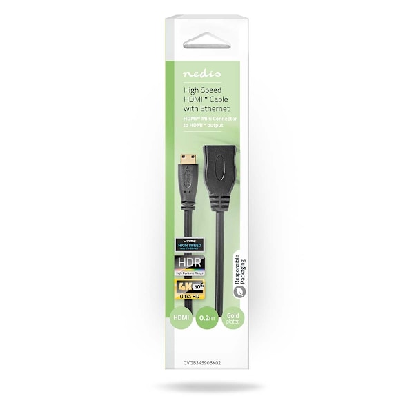 Nedis High Speed ​​HDMI ™ Kaapeli Ethernet | HDMI™ Mini | HDMI™ Ulostulo | 4K@30Hz | 10.2 Gbps | 0.20 m | Pyöreä | PVC | Musta | Laatikko