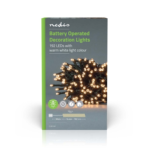 Nedis Julbelysning | Sträng | 192 LED's | Varm Vit | 14.40 m | Ljuseffekter: 7 | Inomhus eller Utomhus | Batteridriven