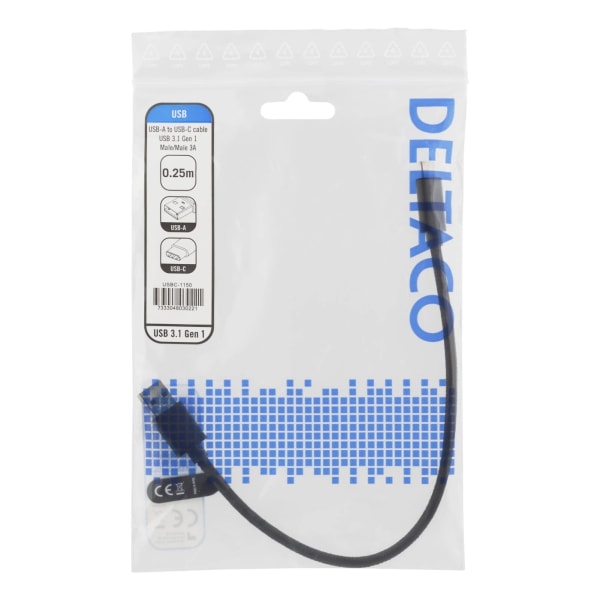 DELTACO USB 3.1 Gen1 USB-A - USB-C, kangaspääll., 0,25m, 3A 60W, musta